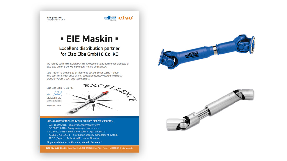 EIE Maskin AB har mottagit utmärkelse från vår leverantör Elso Elbe GmbH & CO KG